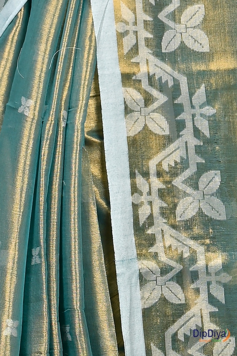 Olive Green Cotton Silk Parashar Tissue Jamdani Saree (293)